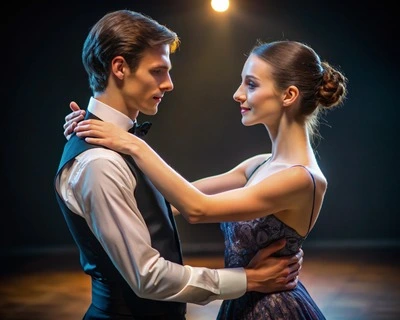 Elegant Ballroom Dancers Performing Romantic Dance in Spotlight During Professional Competition